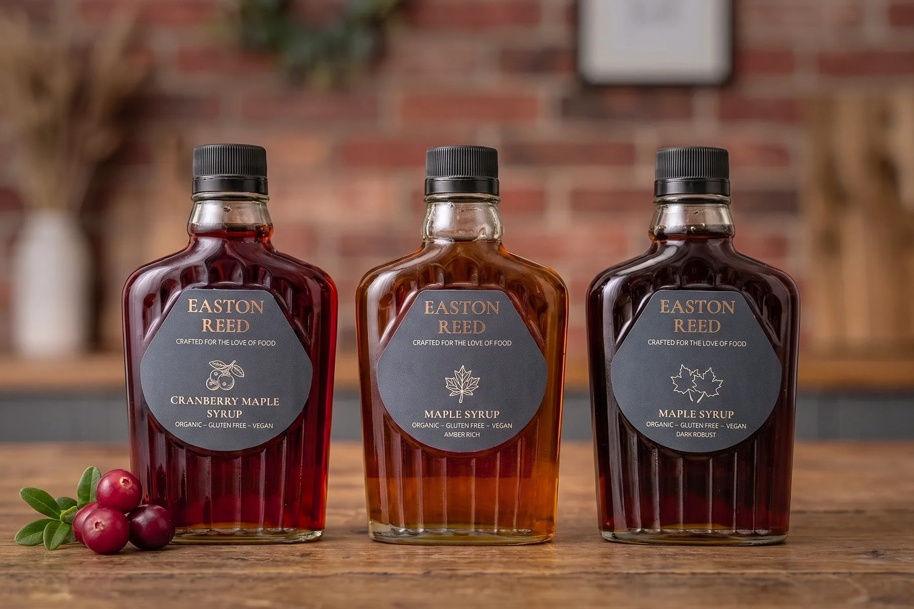 Three Easton Reed organic maple syrups – Cranberry Maple, Amber Rich and Dark Robust – on a wooden table with fresh cranberries in front of a brick wall