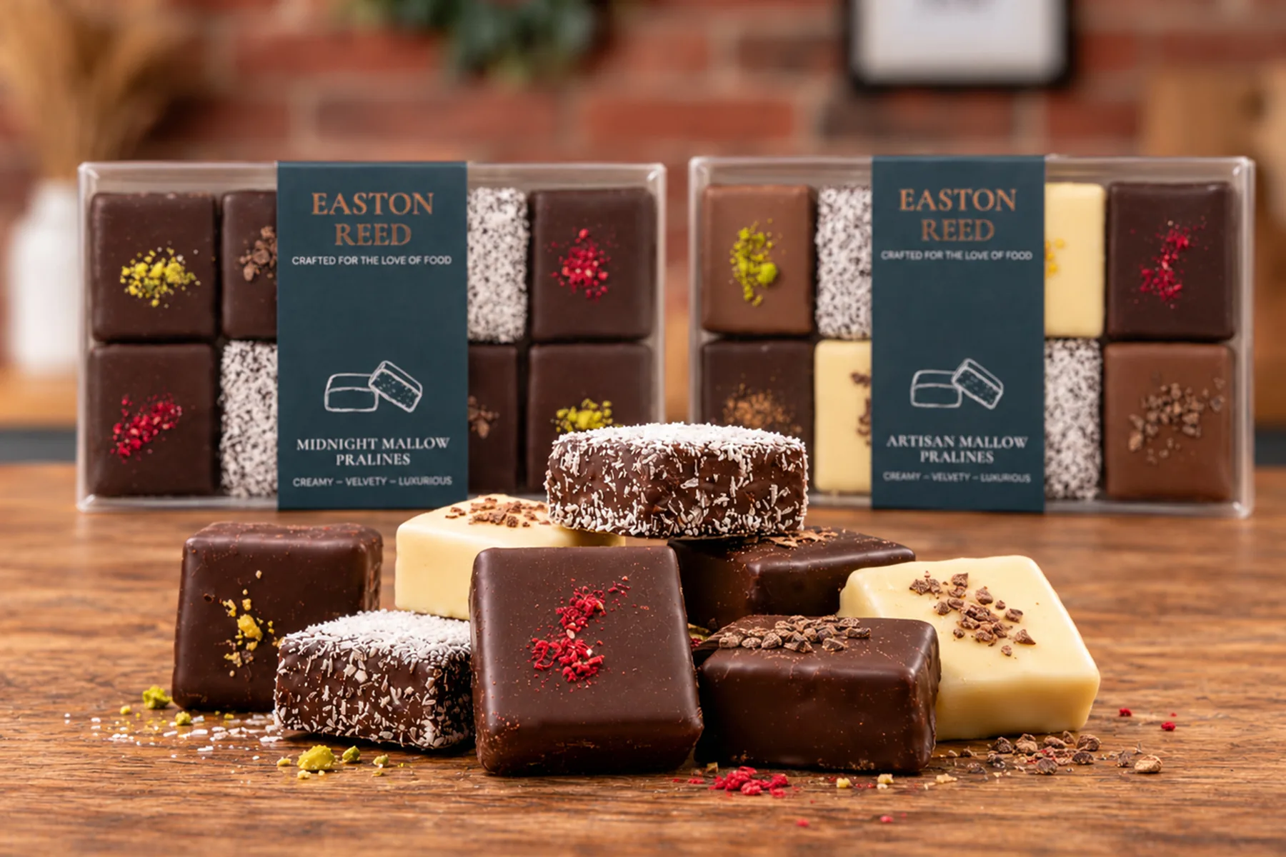Easton Reed Midnight Mallow Pralines with Almond Praline Popcorn, Salted Caramel Shortbread, Truffle Ketchup, Raspberry Chipotle sauce and Cranberry Maple Syrup in a brick loft