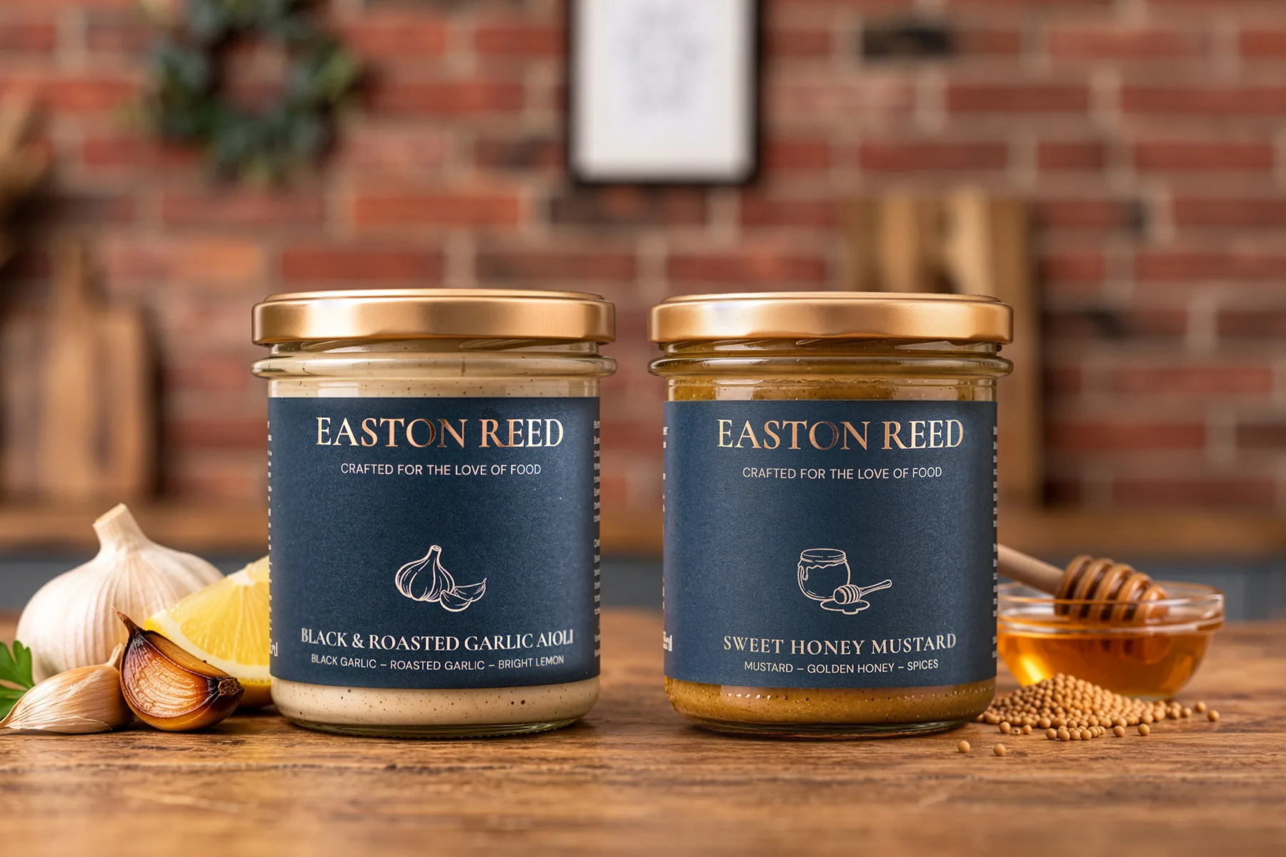 Easton Reed Aioli and Sweet Honey Mustard jars next to a burger in a brick kitchen