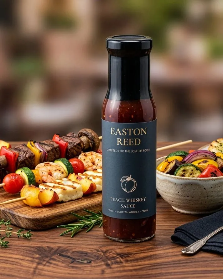 Easton Reed Peach Whiskey Sauce on a summer table with grilled food