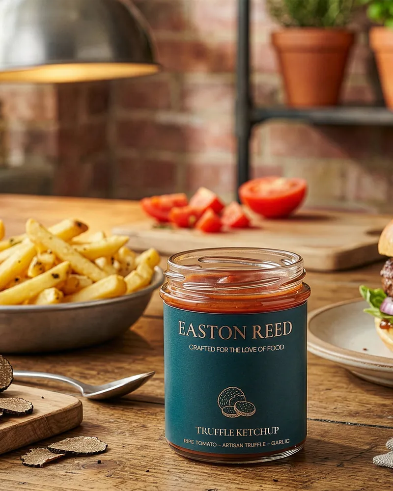 Easton Reed Truffle Ketchup jar with fries and a burger