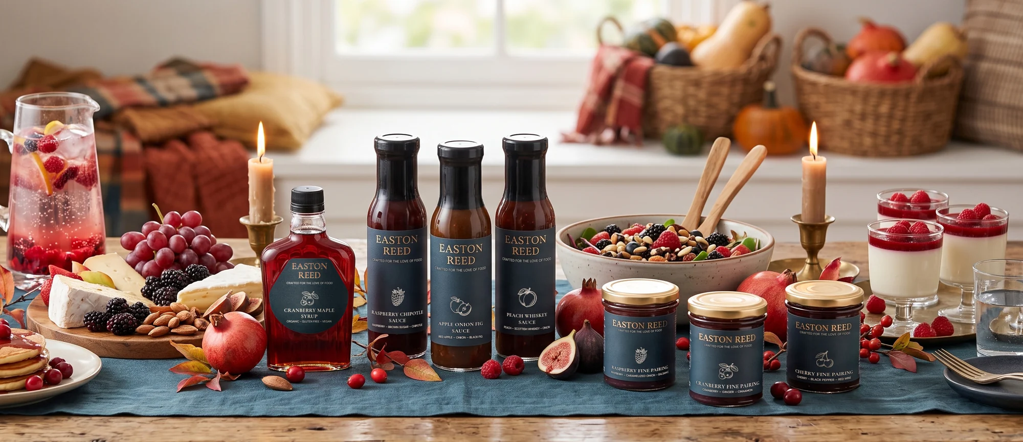 Easton Reed sauces, Cranberry Maple Syrup and Fine Pairings on a festive autumn table